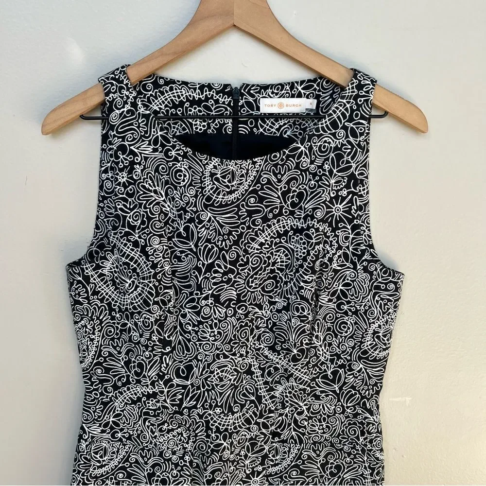 Tory Burch Paisley Doodle Print Sheath A-line Black and White Dress Size 10